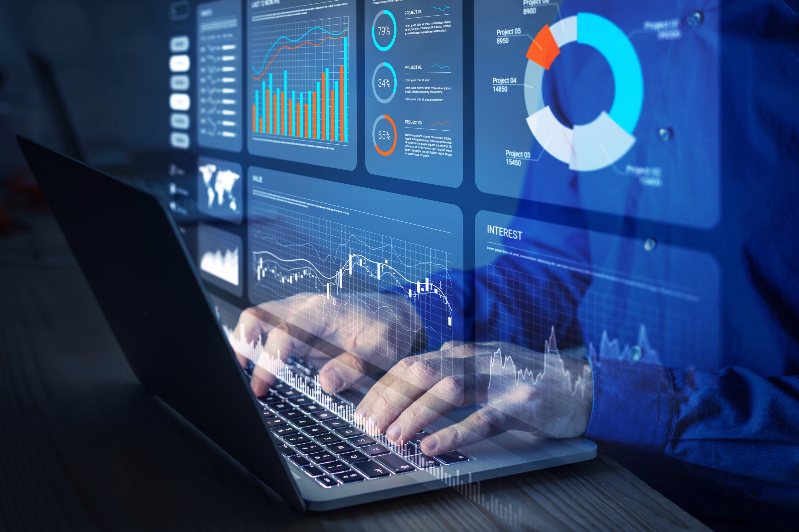 Business Intelligence dashboards and FP&A analysis on laptop Hands typing on laptop with Business Intelligence dashboards, charts, and analytics, illustrating data-driven FP&A for SMEs